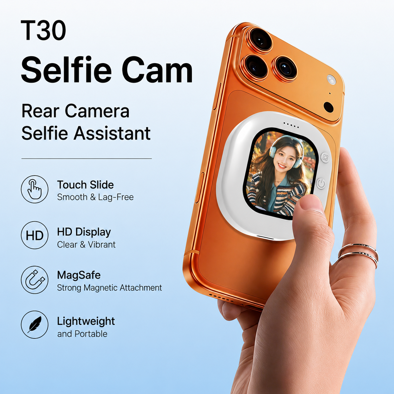 T30 Magnetic Selfie Screen – Wireless Bluetooth Rear Camera Monitor for iPhone & Android